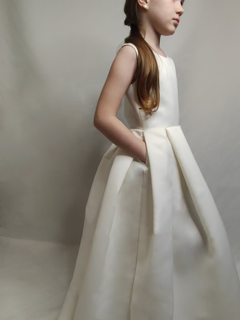 Ivory Satin Flower Girl Dress | V-Back Ball Gown with Pockets