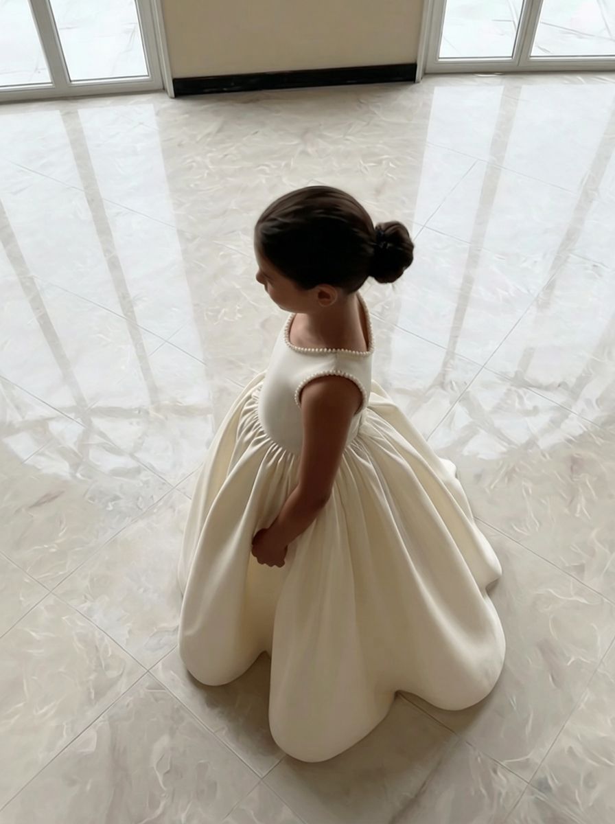 Ivory Satin Girl Dress Round Neckline & Classic Style: Handmade A-line Party Dress