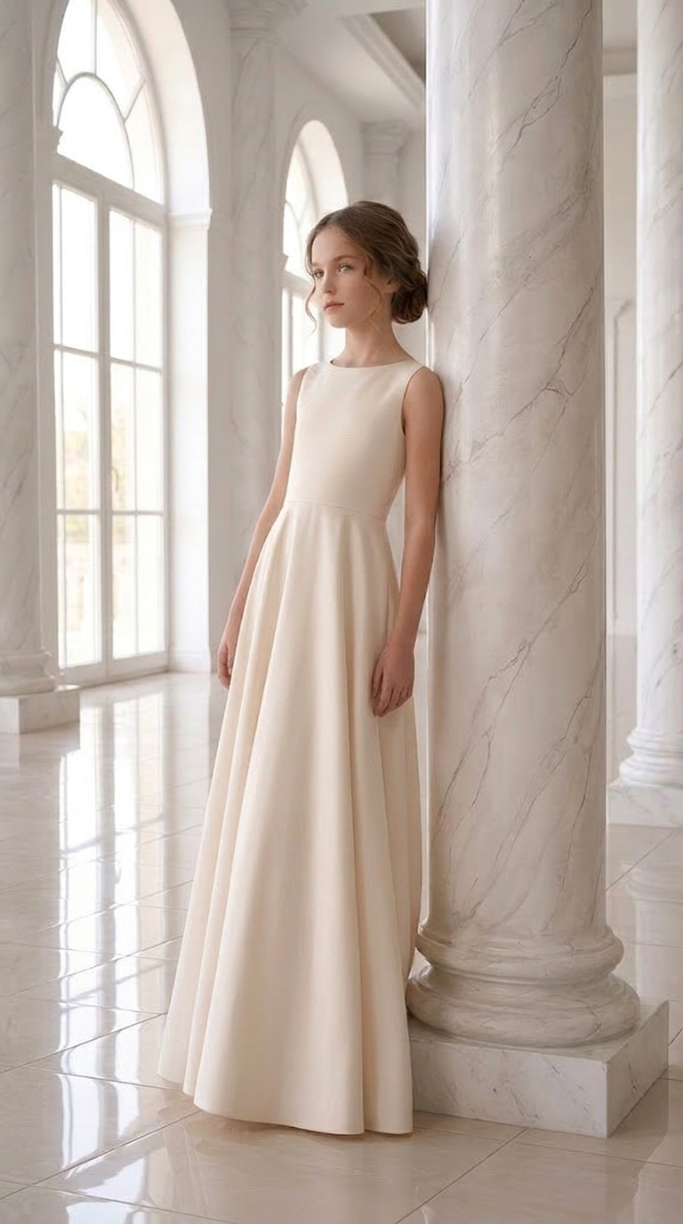 Girl in floor-length ivory dress standing beside marble column in bright hallway