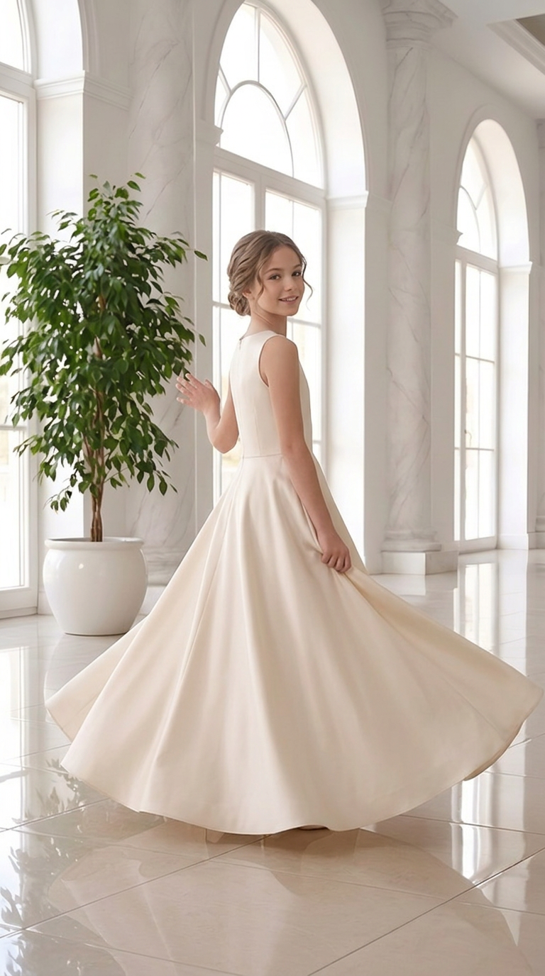 Ivory flower girl dress twirling to show full circle skirt movement