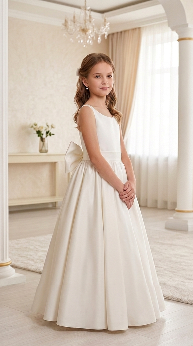 Satin Flower Girl Dress, Ivory First Communion Gown | Floor Length Formal Party Dress