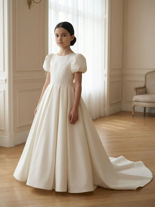 Ivory satin flower girl dress with round neckline, short puff sleeves, clean bodice and full ball gown skirt with train