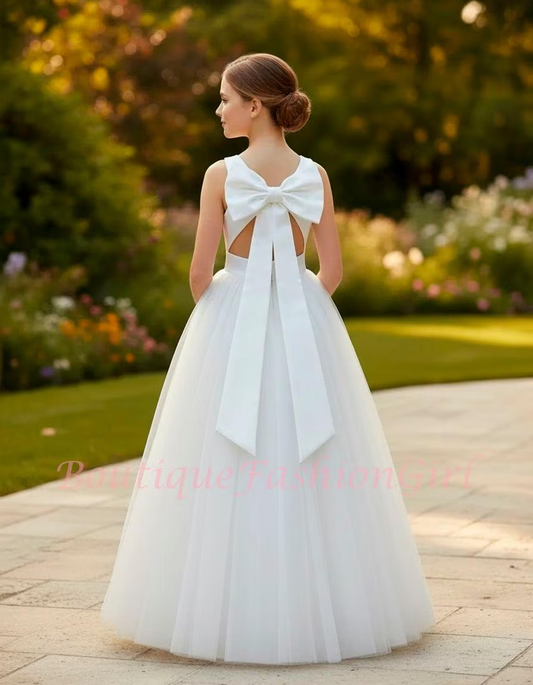 White Tulle Flower Girl Dress | Satin Bow Back | Floor Length