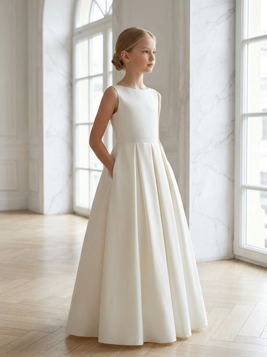Ivory Satin Flower Girl Dress: Handmade A-line Party Dress with Open Back