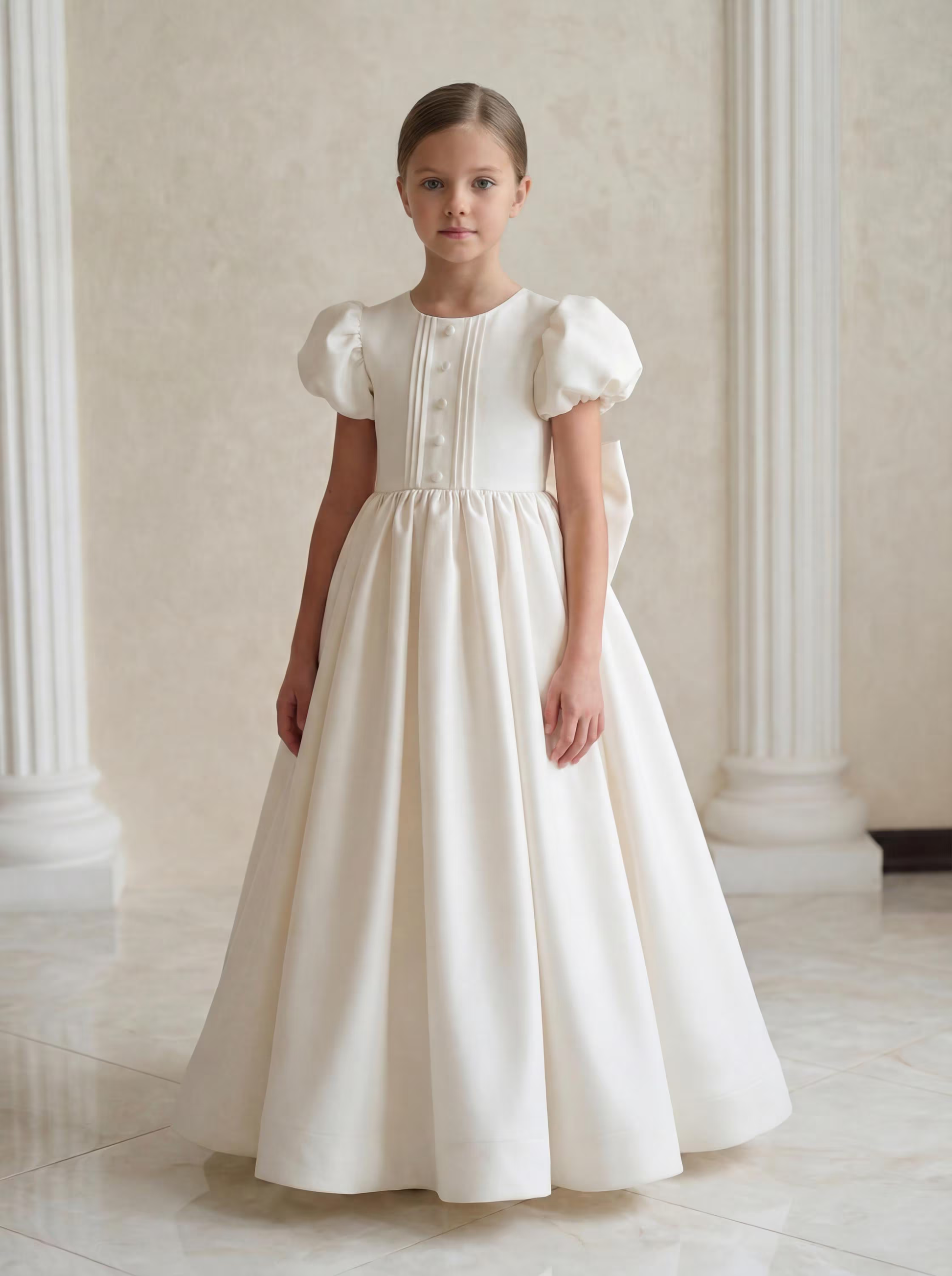 Ivory satin flower girl dress with round neckline, short puff sleeves, pintuck bodice panel with fabric-covered buttons and full floor-length ball gown skirt