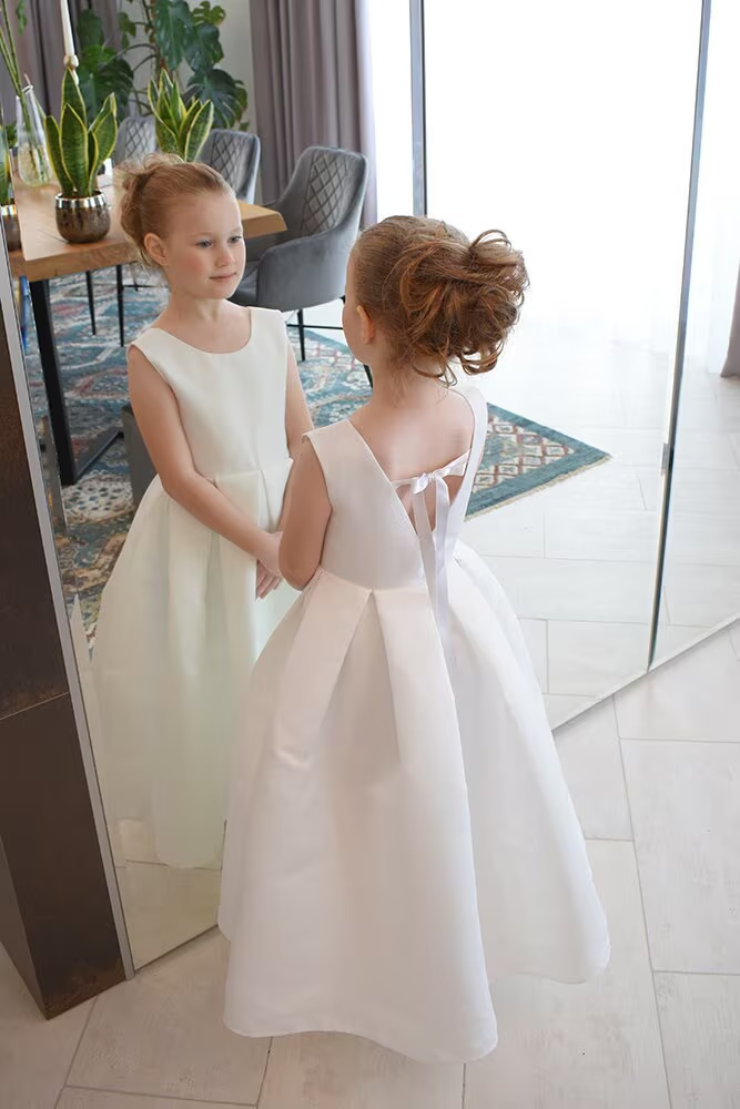 Ivory Satin Flower Girl Dress | Handmade Party Princess Dress | Dress with pockets