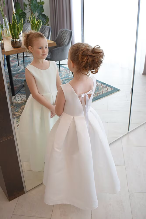 Ivory Satin Flower Girl Dress | Handmade Party Princess Dress | Dress with pockets