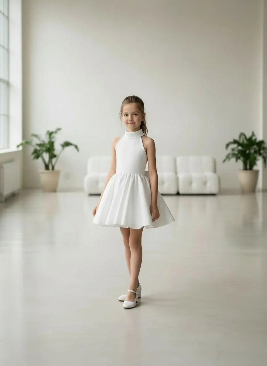 White satin short flower girl dress with high halter neckline, structured bodice and flared A-line skirt, studio setting