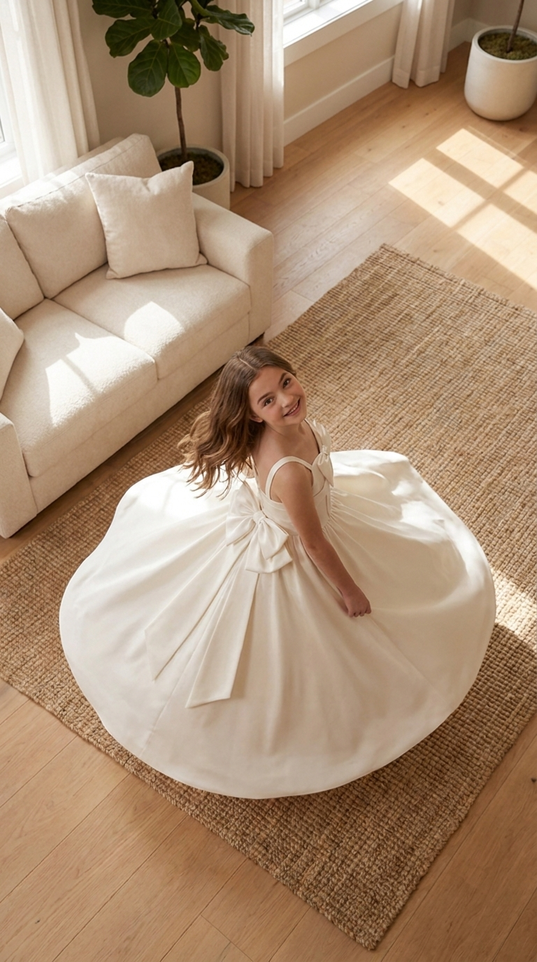 Ivory Satin A-Line Flower Girl Dress | Corset Bodice Bow Detail | Junior Bridesmaid Wedding Guest