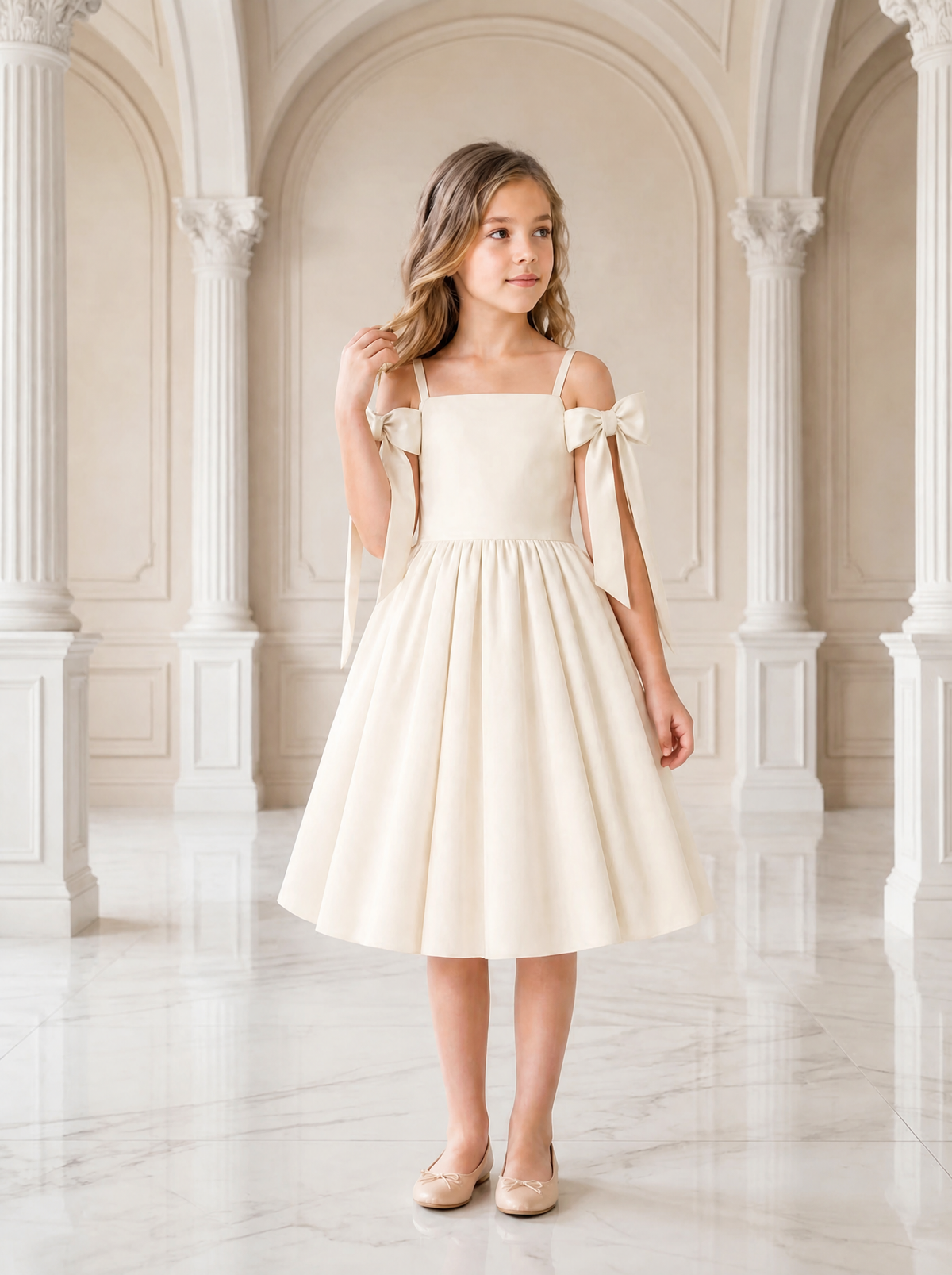 Ivory satin dress with bow straps | Cold shoulder flower girl dress | Formal Dress