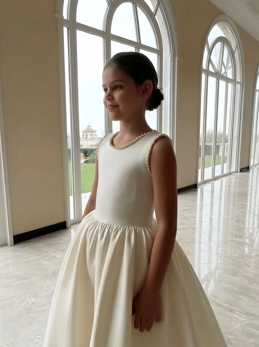 Ivory Satin Girl Dress Round Neckline & Classic Style: Handmade A-line Party Dress