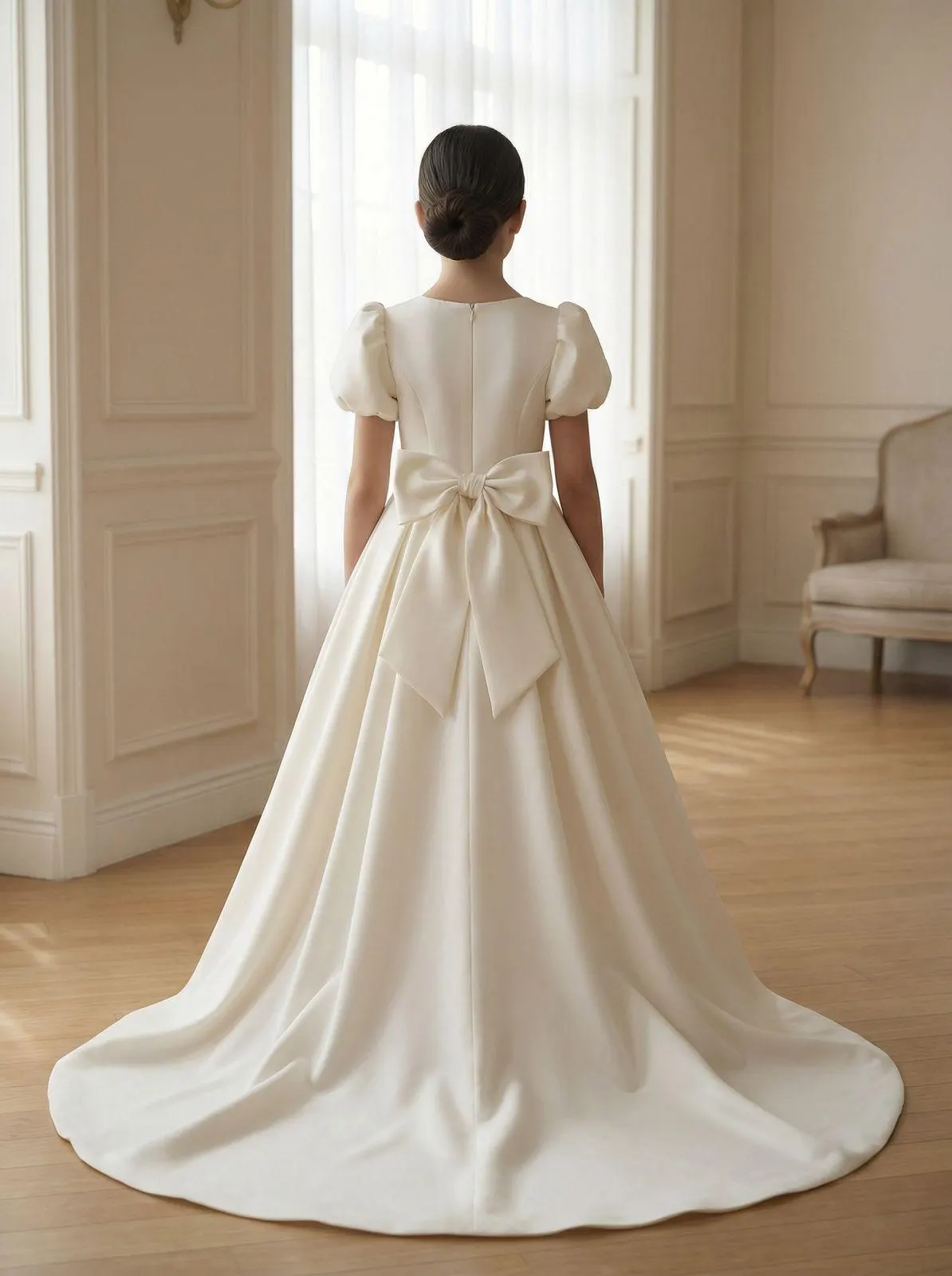 Ivory satin flower girl ball gown back view with puff sleeves, large satin bow and full floor-length train, interior setting