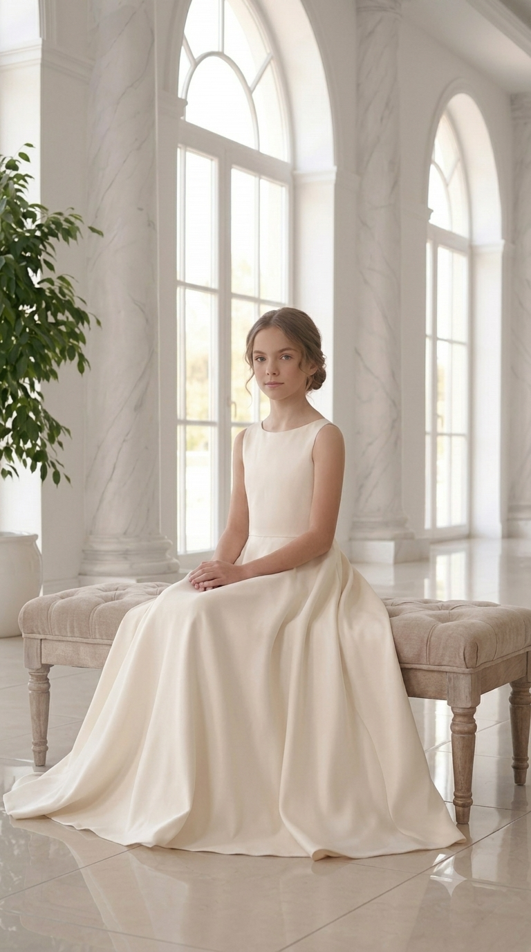 Girl in ivory satin dress seated on upholstered bench, skirt draped on floor