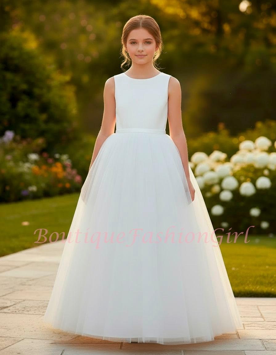 White Tulle Flower Girl Dress | Satin Bow Back | Floor Length