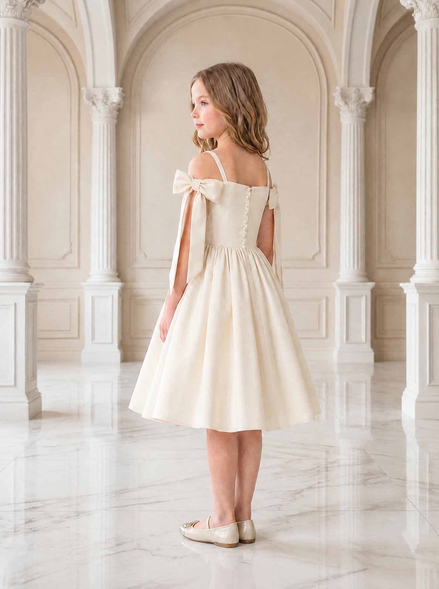 Ivory satin dress with bow straps | Cold shoulder flower girl dress | Formal Dress