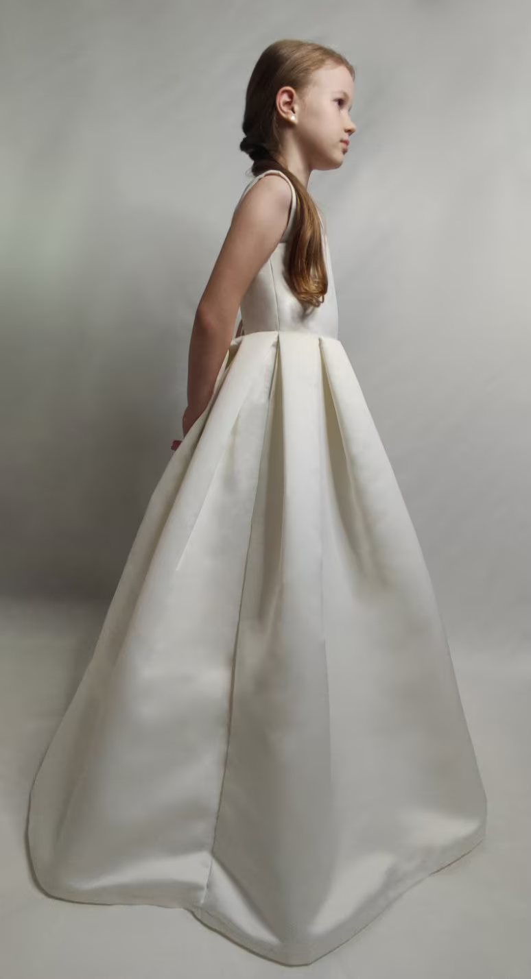 Ivory Satin Flower Girl Dress | V-Back Ball Gown with Pockets