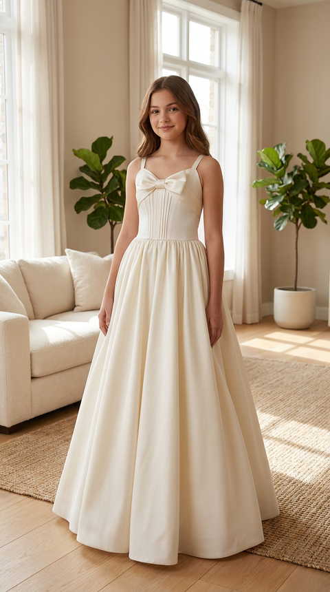 Ivory Satin A-Line Flower Girl Dress | Corset Bodice Bow Detail | Junior Bridesmaid Wedding Guest