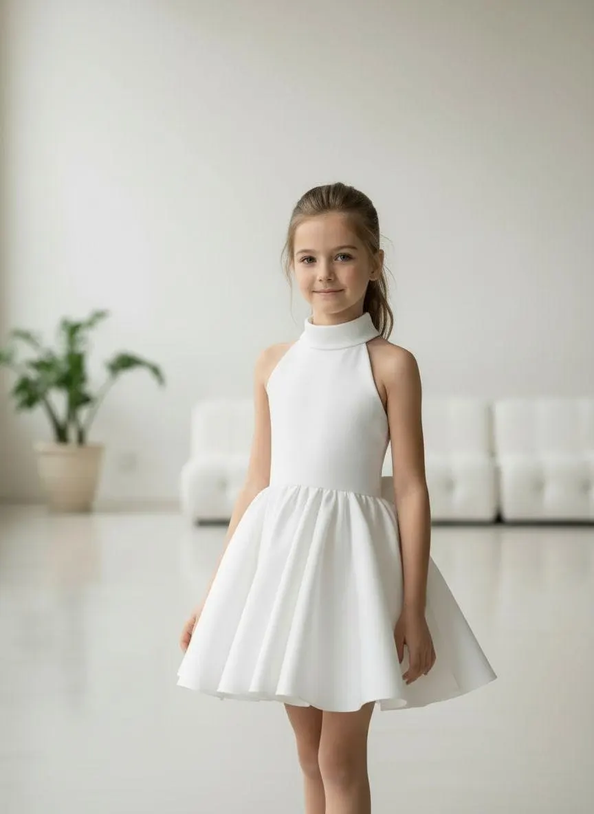 White satin halter neck flower girl dress with flared short skirt, cotton-lined bodice, bright studio background