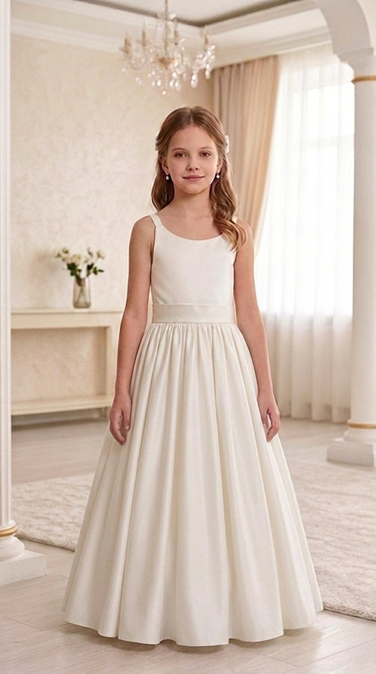 Satin Flower Girl Dress, Ivory First Communion Gown | Floor Length Formal Party Dress