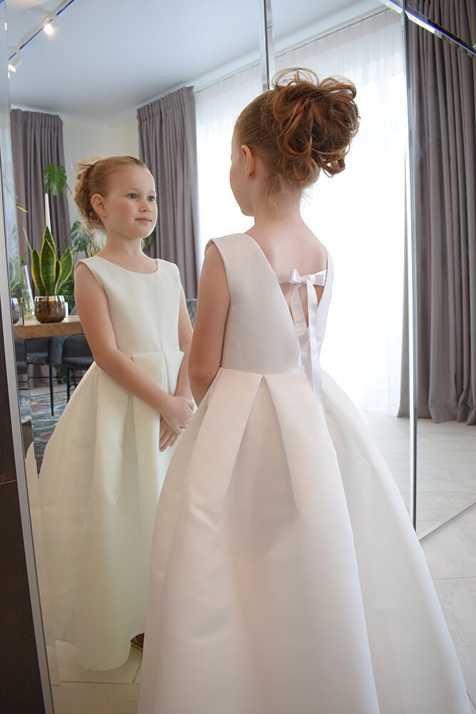 Ivory Satin Flower Girl Dress | Handmade Party Princess Dress | Dress with pockets
