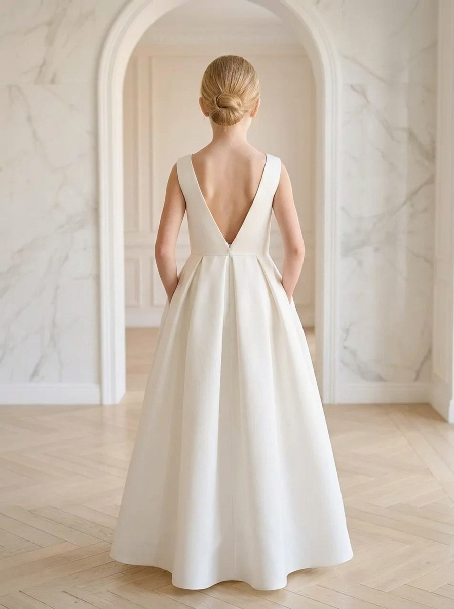 Ivory Satin Flower Girl Dress: Handmade A-line Party Dress with Open Back