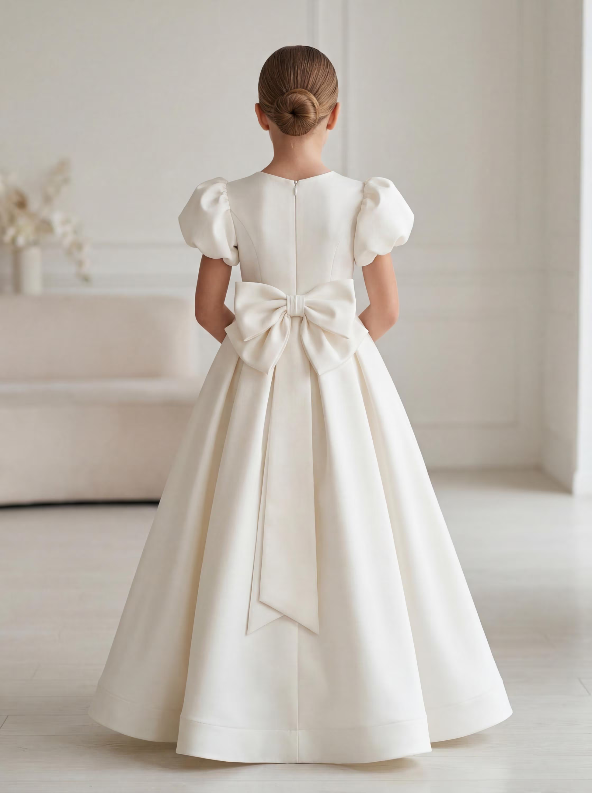 Ivory satin flower girl dress back view with short puff sleeves, concealed zipper and large satin bow with long tails, full ball gown skirt