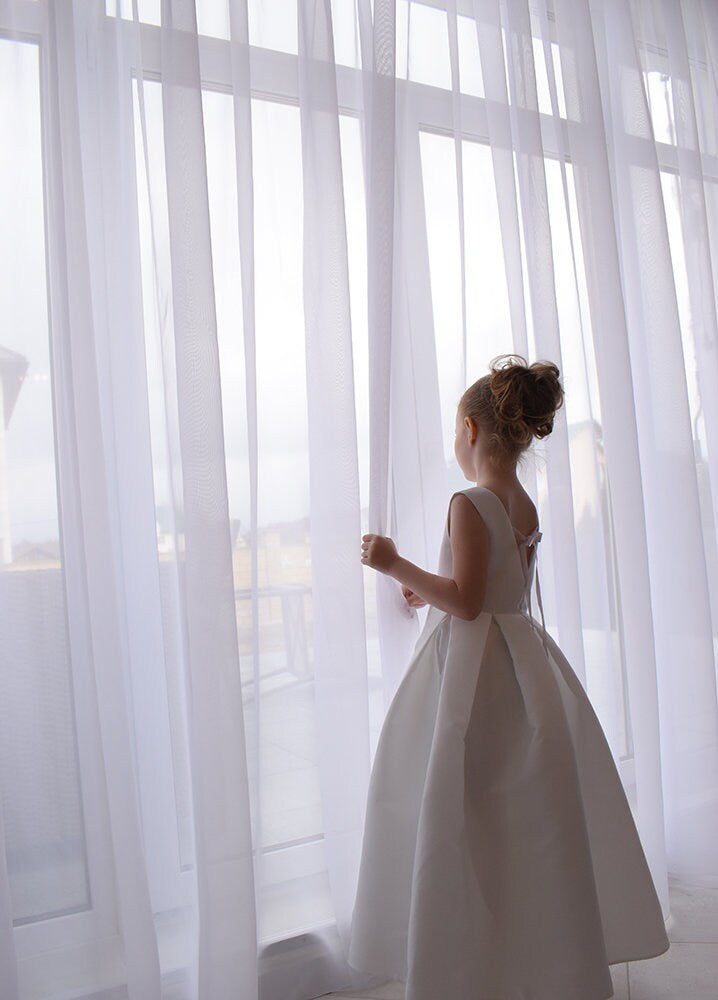 Ivory Satin Flower Girl Dress | Handmade Party Princess Dress | Dress with pockets