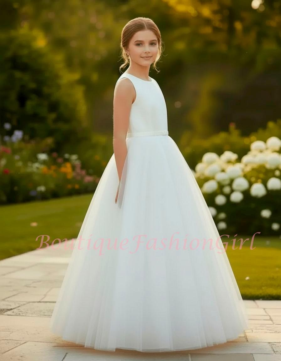 White Tulle Flower Girl Dress | Satin Bow Back | Floor Length