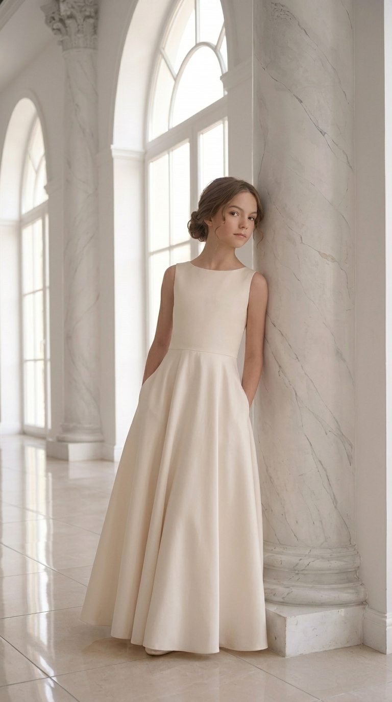 Ivory sleeveless A-line dress with pockets, girl leaning against marble pillar