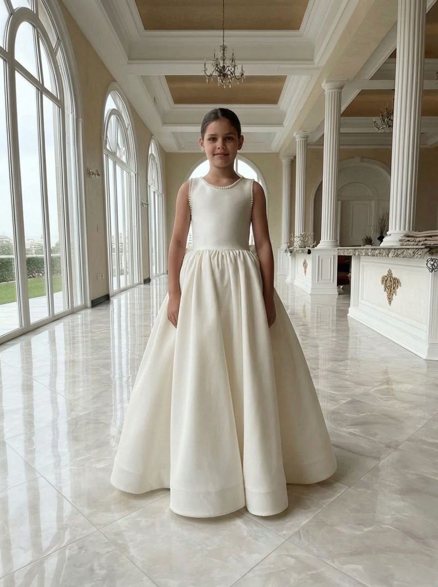 Ivory Satin Girl Dress Round Neckline & Classic Style: Handmade A-line Party Dress