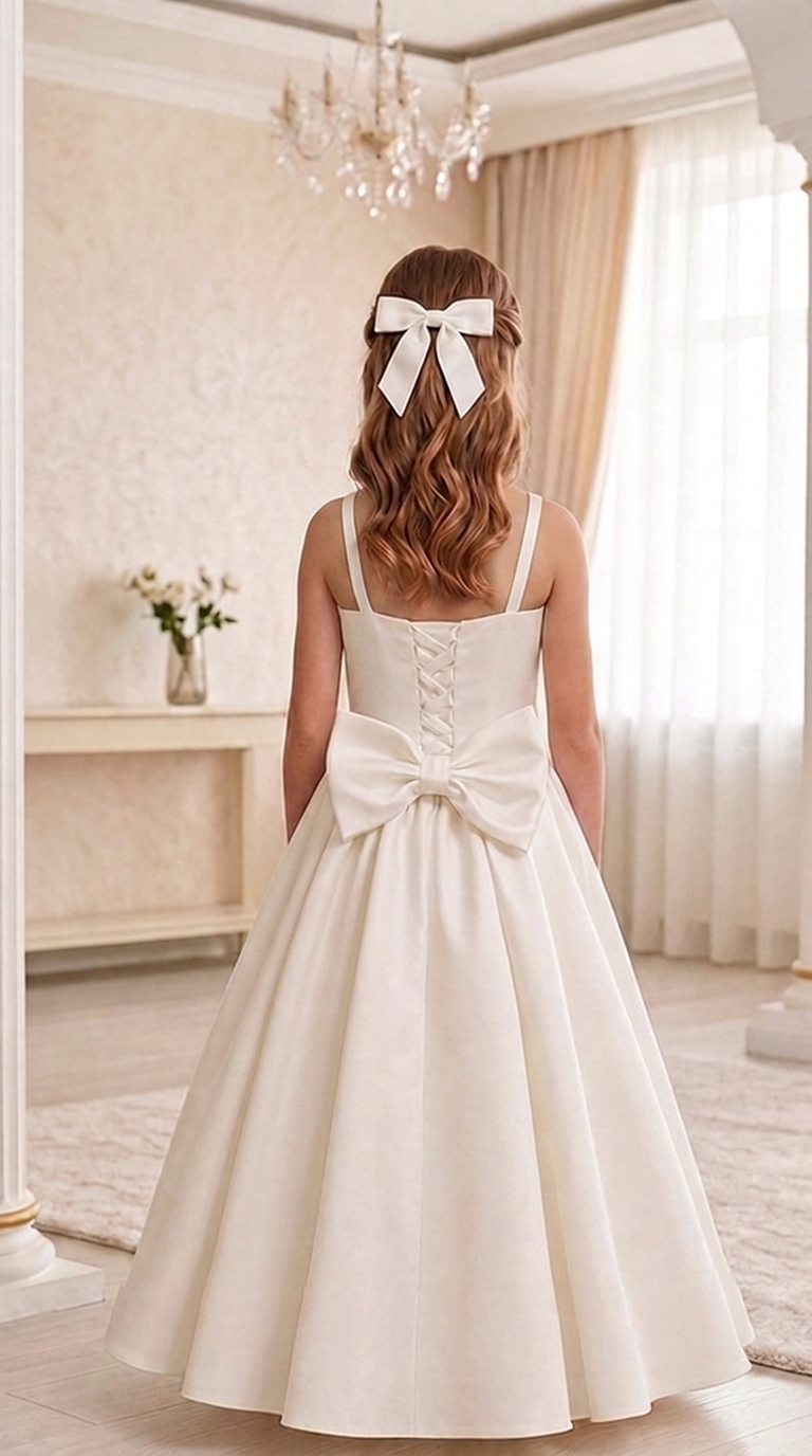 Satin Flower Girl Dress, Ivory First Communion Gown | Floor Length Formal Party Dress