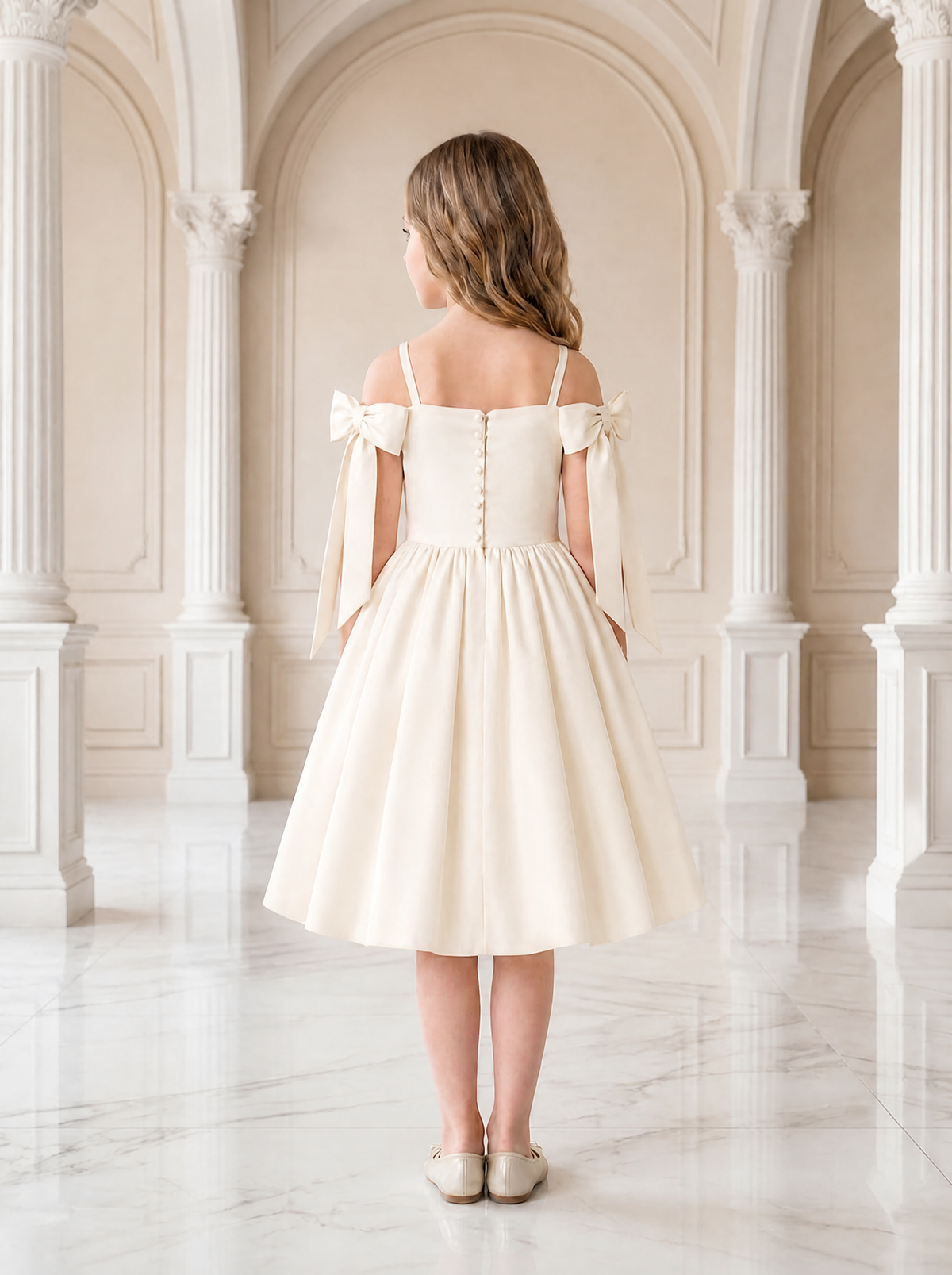 Ivory satin dress with bow straps | Cold shoulder flower girl dress | Formal Dress