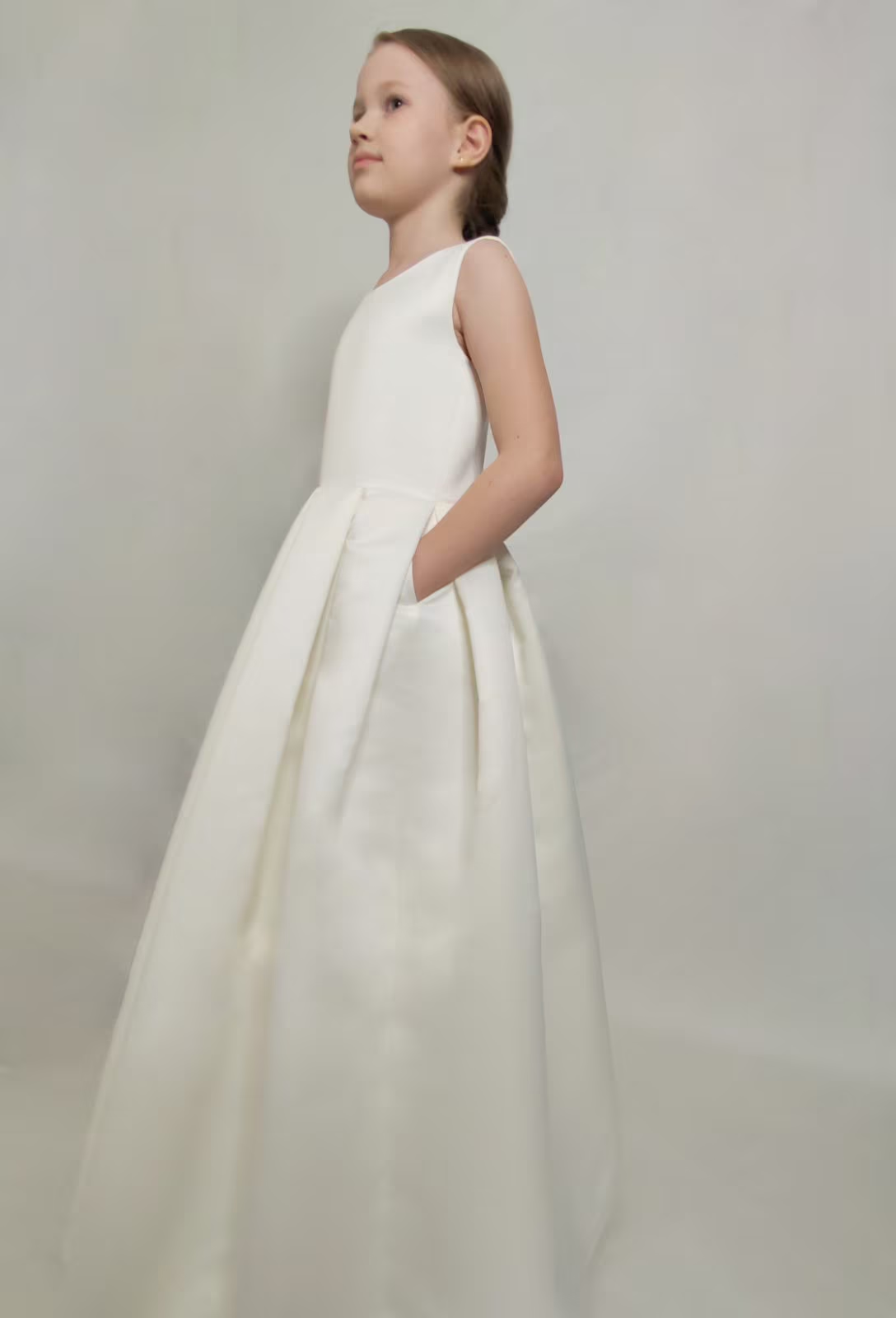 Ivory Satin Flower Girl Dress | V-Back Ball Gown with Pockets