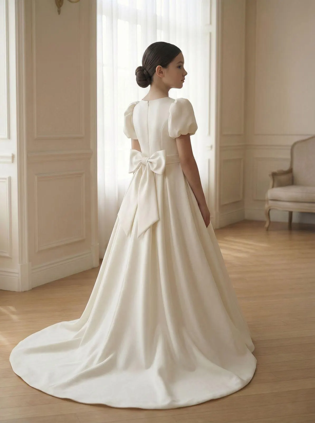 Ivory satin flower girl dress with short puff sleeves, large satin bow with long tails and floor-length train, interior setting