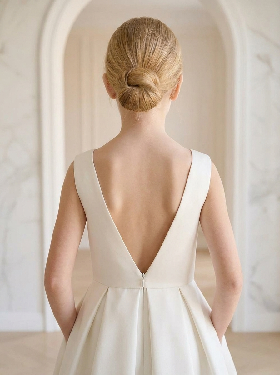 Ivory Satin Flower Girl Dress: Handmade A-line Party Dress with Open Back