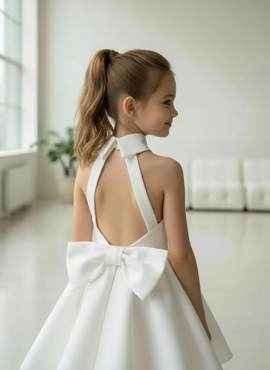 Close-up of white satin flower girl dress showing crossed halter straps, fully open back and large satin bow at waist