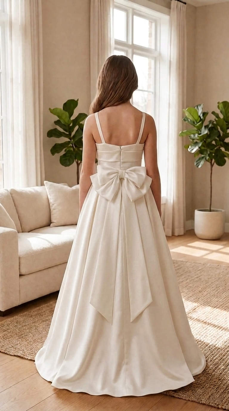 Ivory Satin A-Line Flower Girl Dress | Corset Bodice Bow Detail | Junior Bridesmaid Wedding Guest