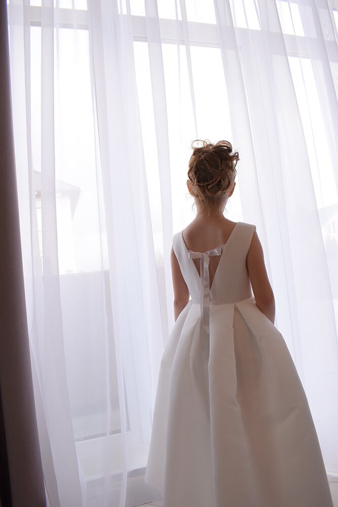 Ivory Satin Flower Girl Dress | Handmade Party Princess Dress | Dress with pockets