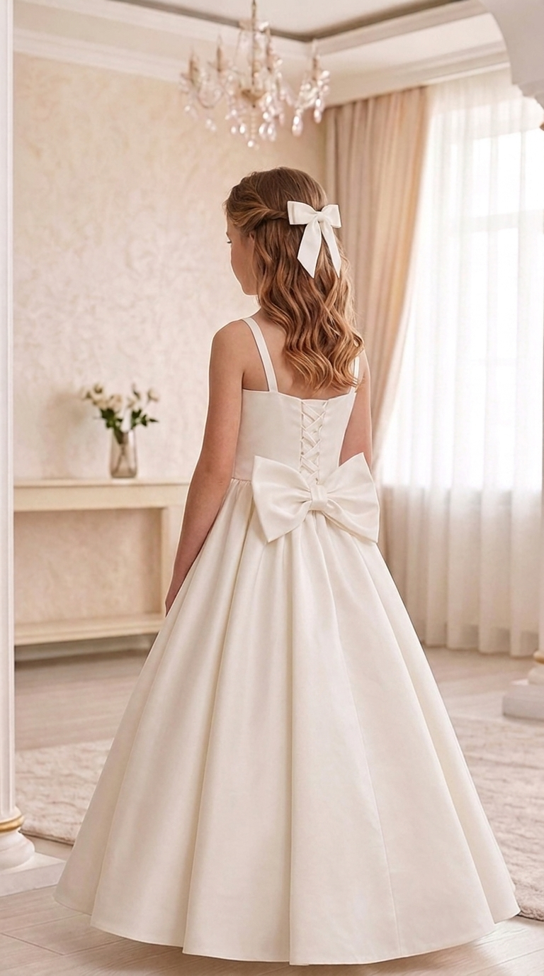 Satin Flower Girl Dress, Ivory First Communion Gown | Floor Length Formal Party Dress