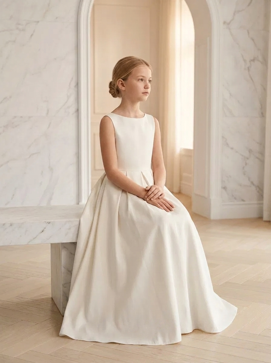Ivory Satin Flower Girl Dress: Handmade A-line Party Dress with Open Back