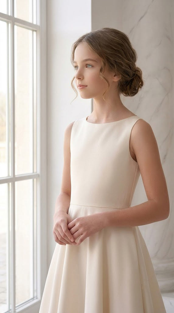 Ivory satin flower girl dress with bateau neckline, close-up view by window