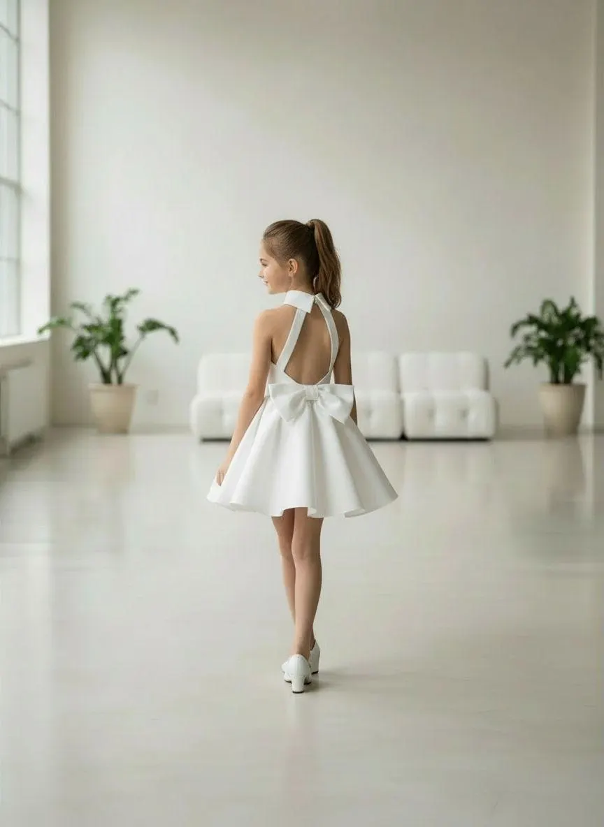 White satin short flower girl dress back view with open back, crossed halter straps and large satin bow, studio setting
