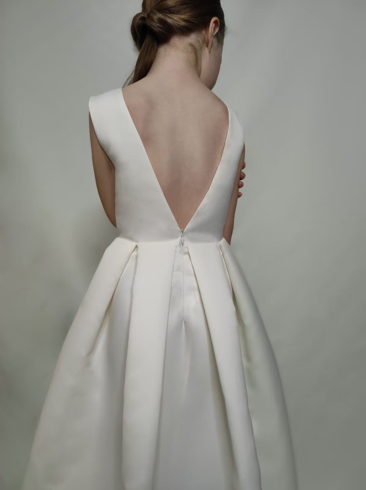 Ivory Satin Flower Girl Dress | V-Back Ball Gown with Pockets
