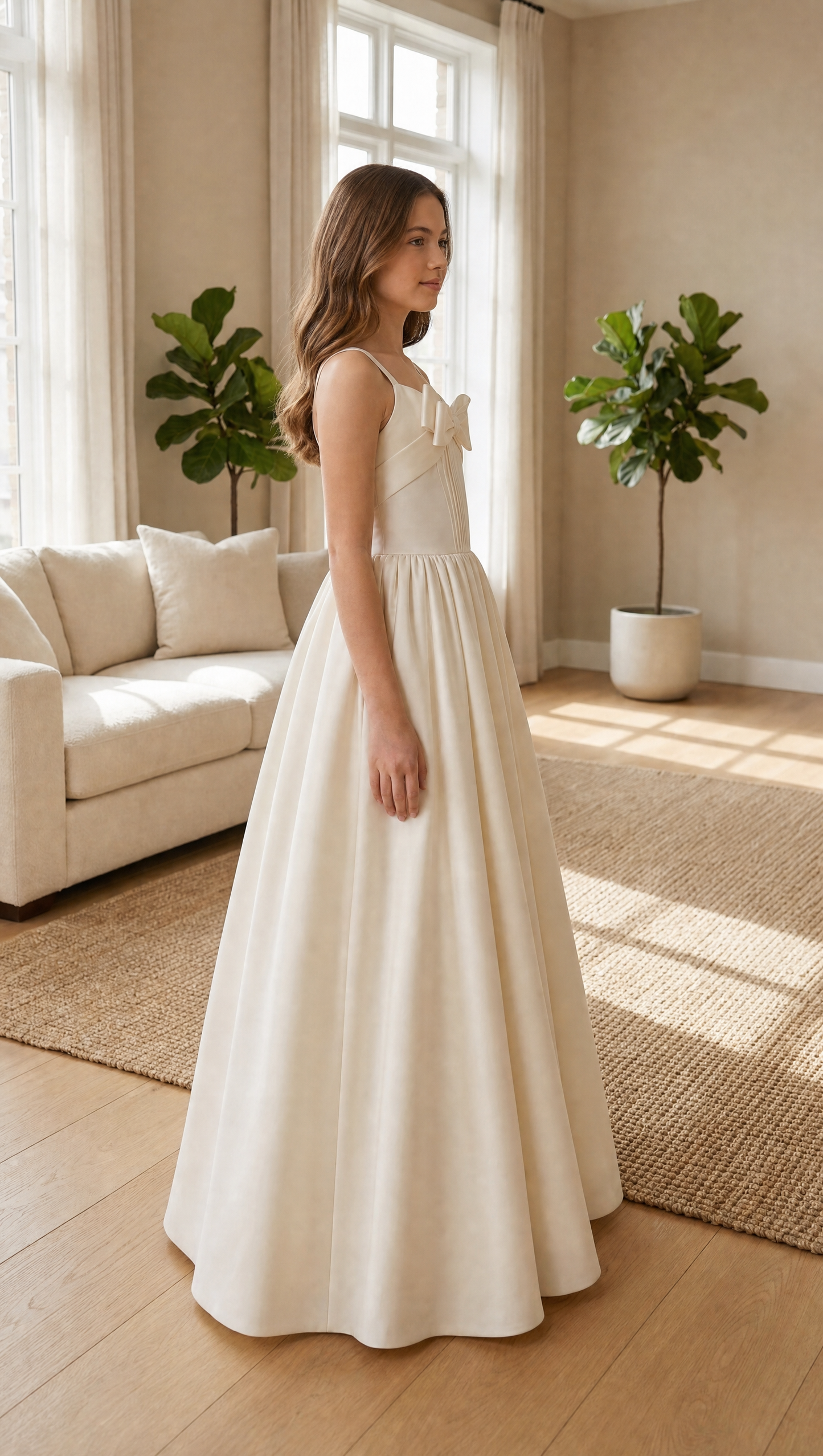 Ivory Satin A-Line Flower Girl Dress | Corset Bodice Bow Detail | Junior Bridesmaid Wedding Guest