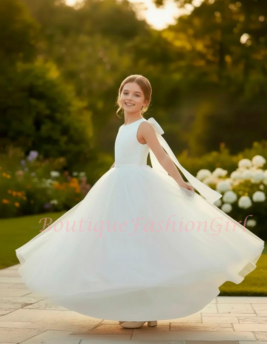 White Tulle Flower Girl Dress | Satin Bow Back | Floor Length