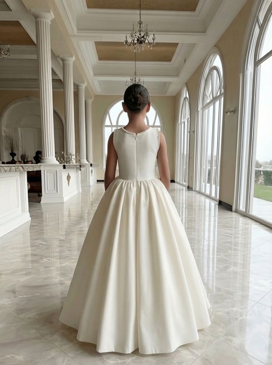 Ivory Satin Girl Dress Round Neckline & Classic Style: Handmade A-line Party Dress