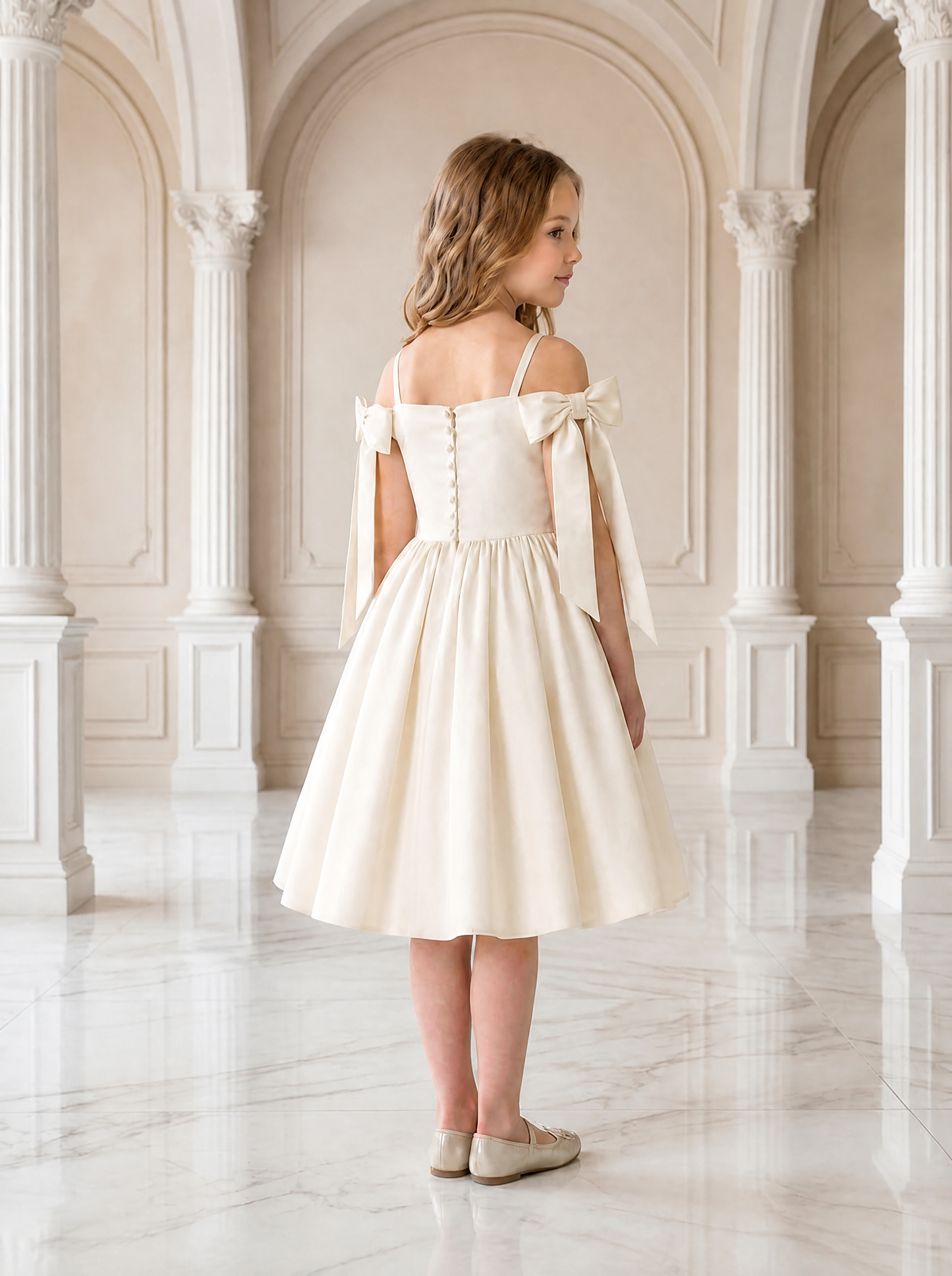 Ivory satin dress with bow straps | Cold shoulder flower girl dress | Formal Dress