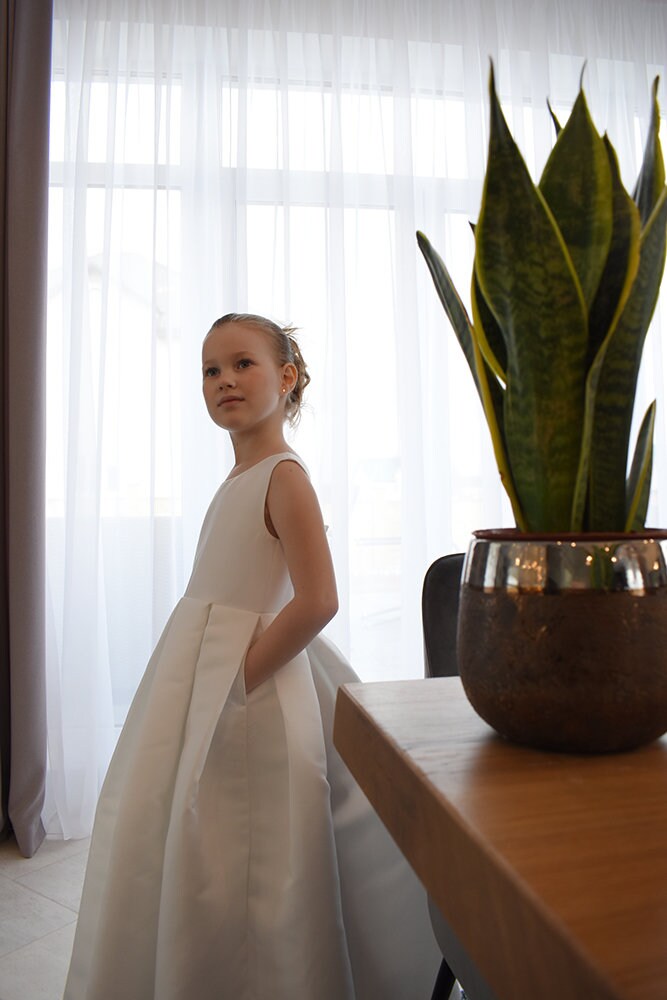 Ivory Satin Flower Girl Dress | Handmade Party Princess Dress | Dress with pockets