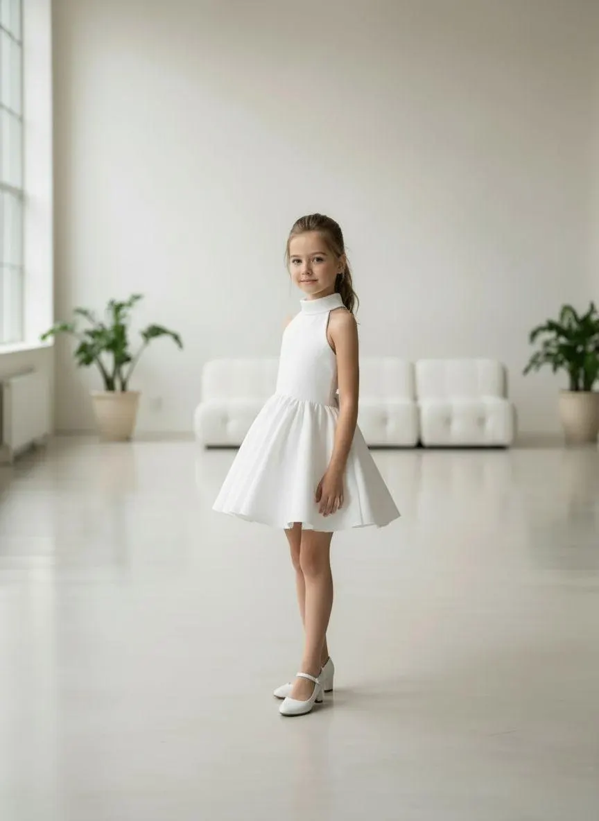 White satin flower girl dress side view showing halter neckline, open back and flared short A-line skirt, studio setting