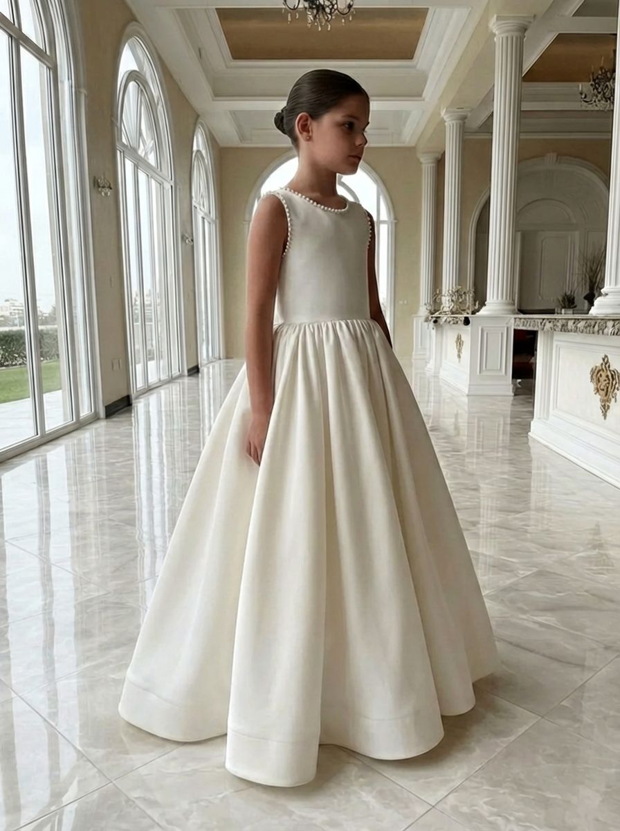Ivory Satin Girl Dress Round Neckline & Classic Style: Handmade A-line Party Dress